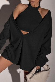 Black Sexy Solid Split Joint V Neck Long Sleeve Two Pieces
