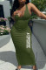 Army Green Fashion Simplicity Print Letter V Neck One Step Skirt Dresses