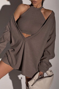 Brown Sexy Solid Split Joint V Neck Long Sleeve Two Pieces