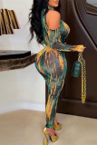 Ink Green Fashion Sexy Print Hollowed Out See-through Turtleneck Skinny Jumpsuits
