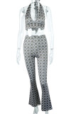 Brown Sexy Print Patchwork Backless Halter Sleeveless Two Pieces