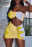 Purple Fashion Sexy Patchwork Draw String One Shoulder Sleeveless Two Pieces