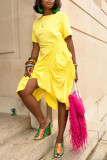 Yellow Casual Solid Patchwork Fold Asymmetrical O Neck Dresses