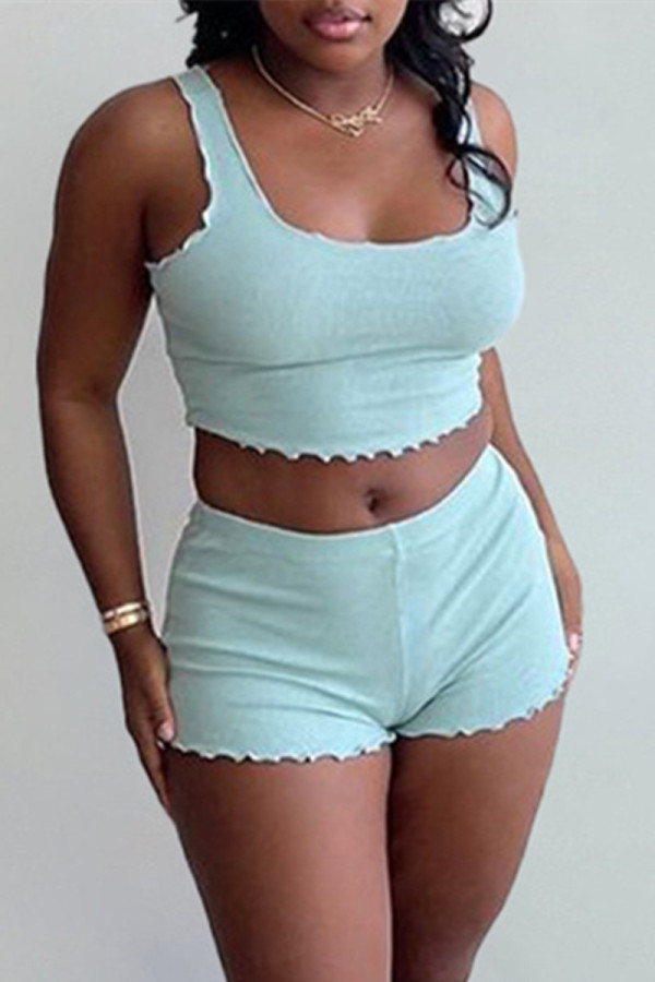Sky Blue Fashion Casual Solid Basic U Neck Sleeveless Two Pieces