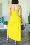 Blue Fashion Sexy Solid Draw String Frenulum Backless Spaghetti Strap Long Dress