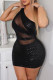 Black Fashion Sexy Patchwork Sequins See-through Backless One Shoulder Sleeveless Dress