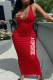Red Fashion Simplicity Print Letter V Neck One Step Skirt Dresses