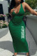 Green Fashion Simplicity Print Letter V Neck One Step Skirt Dresses