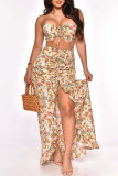 White Sexy Print Bandage Patchwork Backless Slit Strapless Sleeveless Two Pieces