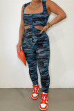 Green Fashion Casual Camouflage Print Hollowed Out Asymmetrical U Neck Sleeveless Two Pieces