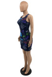 Blue Fashion Casual Print Basic O Neck Sleeveless Dress
