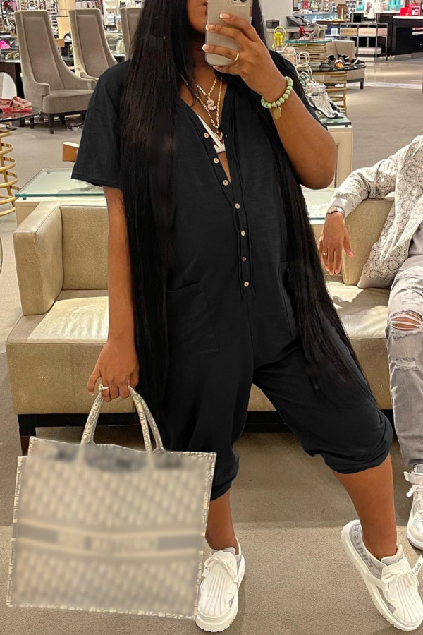 Black Fashion Casual Solid Basic V Neck Regular Jumpsuits