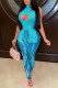 Blue Fashion Sexy Print Hollowed Out Half A Turtleneck Sleeveless Two Pieces