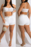 White Sexy Solid Patchwork Hot Drill Spaghetti Strap Sleeveless Two Pieces