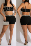 White Sexy Solid Patchwork Hot Drill Spaghetti Strap Sleeveless Two Pieces