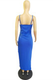 Blue Fashion Sexy Solid Draw String Frenulum Backless Spaghetti Strap Long Dress