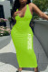 Fluorescent Green Fashion Simplicity Print Letter V Neck One Step Skirt Dresses
