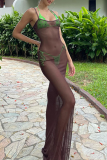Brown Sexy Solid Mesh Spaghetti Strap Trumpet Mermaid Dresses