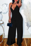 Black Sexy Solid Patchwork Backless Spaghetti Strap Straight Jumpsuits