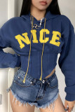 Navy Blue Casual Street Solid Embroidered Bandage Patchwork Asymmetrical Hooded Collar Tops