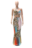 Leopard Print Sexy Leopard Patchwork Halter Sleeveless Two Pieces