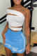 Sky Blue Sexy Print Patchwork One Shoulder Sleeveless Two Pieces