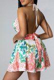 Green Sexy Print Split Joint Backless Halter Sleeveless Two Pieces