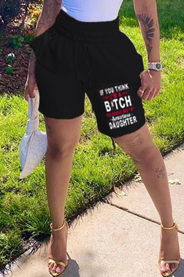 Black Red Fashion Casual Print Basic Regular High Waist Shorts