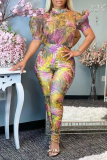 Green Sexy Print Patchwork Half A Turtleneck Short Sleeve Two Pieces