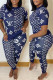 Blue Fashion Casual Print Patchwork Letter O Neck Short Sleeve Two Pieces