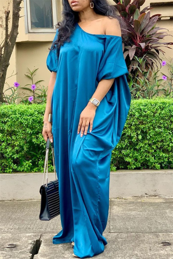 Blue Fashion Casual Solid Basic O Neck Short Sleeve Dress Dresses
