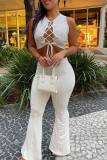 White Sexy Solid Bandage Hollowed Out Patchwork O Neck Sleeveless Two Pieces