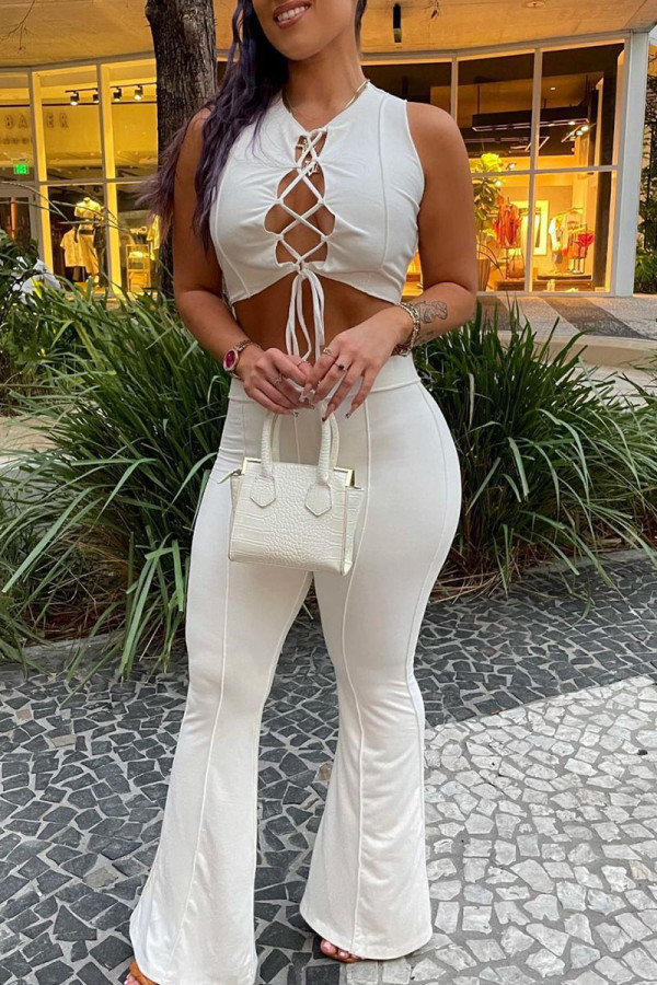 White Sexy Solid Bandage Hollowed Out Patchwork O Neck Sleeveless Two Pieces