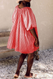 Pink Casual Plaid Patchwork V Neck Cake Skirt Dresses