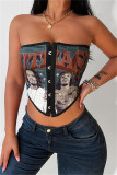Black Fashion Sexy Print Patchwork Backless Strapless Tops