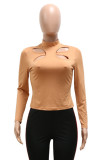 Camel Fashion Casual Solid Hollowed Out O Neck Tops