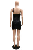 Black Fashion Sexy Patchwork Hollowed Out Sequins Backless Spaghetti Strap Sleeveless Dress