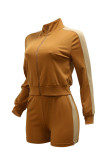 Camel Fashion Casual Patchwork Hot Drill Zipper Collar Long Sleeve Two Pieces