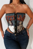 Black Fashion Sexy Print Patchwork Backless Strapless Tops