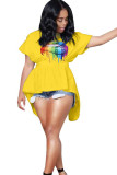Yellow O Neck Short Sleeve backless ruffle Print asymmetrical HOLLOWED OUT Tees & T-shirts