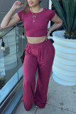 Rose Red Casual Solid Patchwork O Neck Short Sleeve Two Pieces