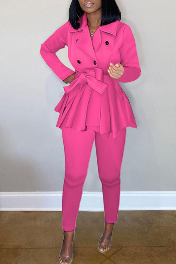 Rose Red Casual Solid Patchwork Fold Asymmetrical Turn-back Collar Long Sleeve Two Pieces