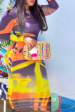 Multicolor Fashion Casual Print See-through O Neck Long Sleeve Dresses