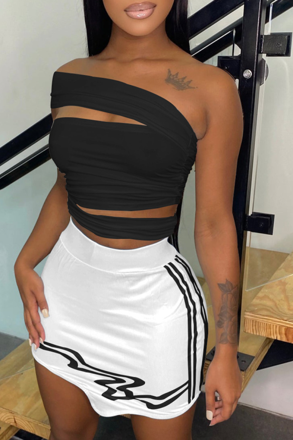 Black And White Sexy Print Patchwork One Shoulder Sleeveless Two Pieces