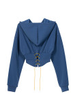 Navy Blue Casual Street Solid Embroidered Bandage Patchwork Asymmetrical Hooded Collar Tops