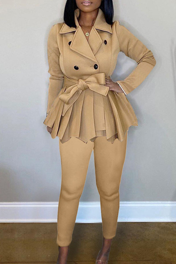 Khaki Casual Solid Patchwork Fold Asymmetrical Turn-back Collar Long Sleeve Two Pieces