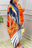Light Blue Casual Print Patchwork V Neck Straight Dresses