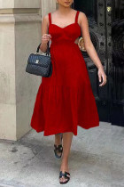 Red Elegant Solid Hollowed Out Split Joint Spaghetti Strap A Line Dresses