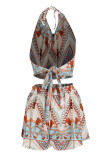 Green Fashion Print Backless Strap Design Halter Sleeveless Two Pieces