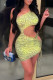 Yellow Sexy Print Hollowed Out Patchwork Asymmetrical Oblique Collar Pencil Skirt Dresses